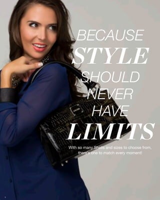 BECAUSE
     STYLE
          SHOULD
           NEVER
           HAVE
    LIMITS
    With so many Shells and sizes to choose from,
         there’s one to match every moment!




3
 