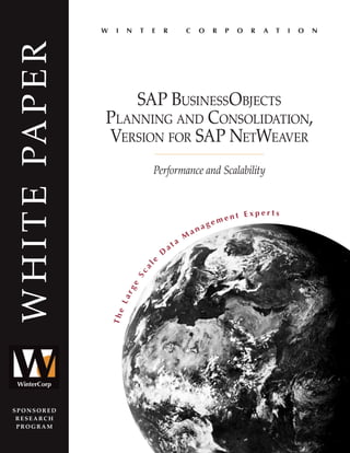 W    I    N   T    E       R            C    O        R   P    O   R   A   T   I   O   N
W H I T E PA P E R
                         SAP BusinessObjects
                     Planning and Consolidation,
                     Version for SAP NetWeaver
                                        Performance and Scalability



                                                                               en   t Experts
                                                                          g em
                                                                      a
                                                                 an
                                                             M
                                                    a   ta
                                                D
                                            e
                                    al
                                   Sc
                               e
                              rg
                              La
                         The




SPONSORED
 RESEARCH
 PROGRAM
 