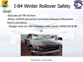 I-84 Winter Rollover Safety
Goal:
  -Educate all FW Airmen
  -Many 124FW personnel commute between Mountain
  Home and Boise.
  - Danger area on I-84 between mile marker (MM) 60 & 80




                    MISSION FIRST – SAFETY ALWAYS
 