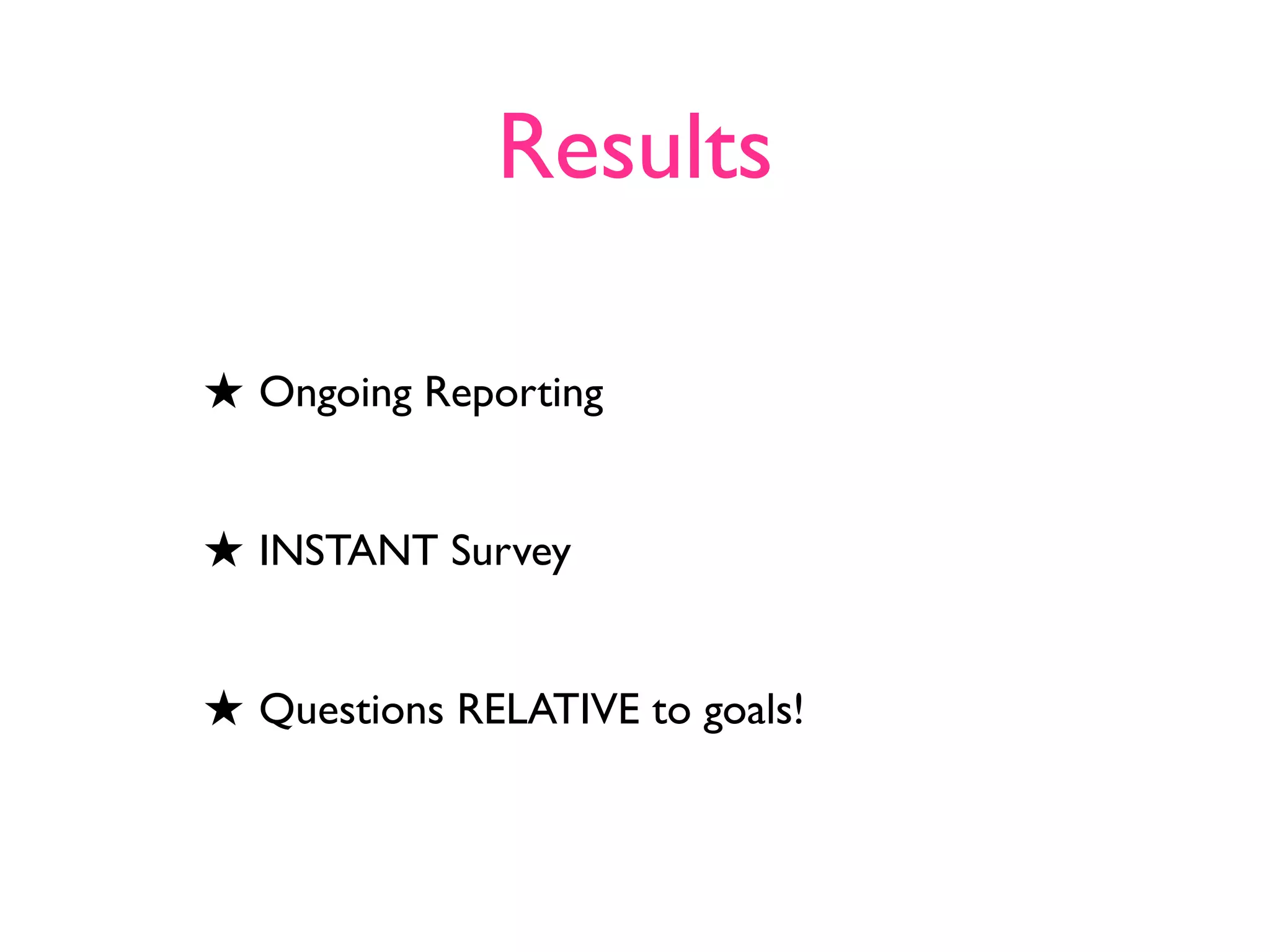 Results

★ Ongoing Reporting


★ INSTANT Survey


★ Questions RELATIVE to goals!
 