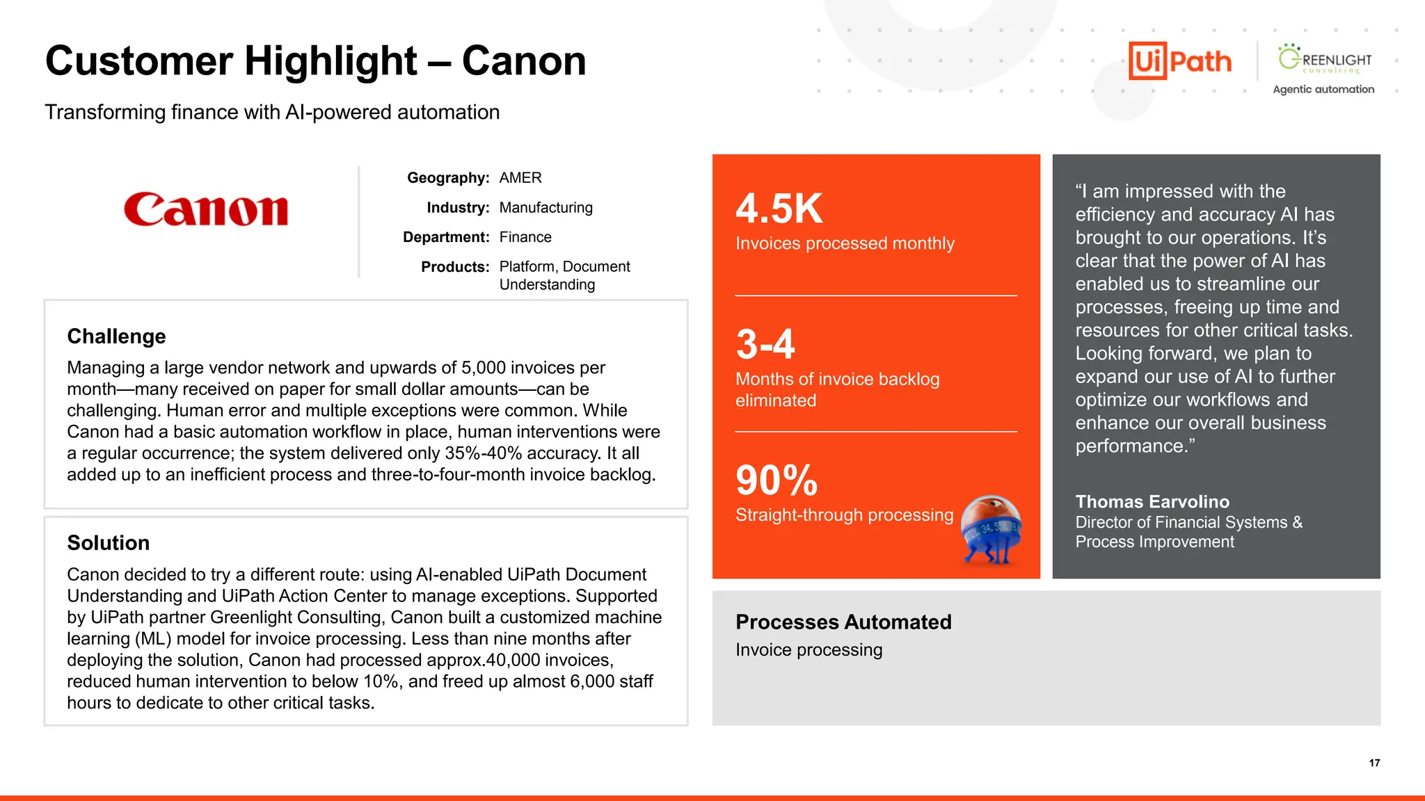 17
Geography:
Department:
Industry:
Products:
Customer Highlight – Canon
Challenge
Solution
4.5K
3-4
90%
“I am impressed with the
efficiency and accuracy AI has
brought to our operations. It’s
clear that the power of AI has
enabled us to streamline our
processes, freeing up time and
resources for other critical tasks.
Looking forward, we plan to
expand our use of AI to further
optimize our workflows and
enhance our overall business
performance.”
Thomas Earvolino
Director of Financial Systems &
Process Improvement
Transforming finance with AI-powered automation
Managing a large vendor network and upwards of 5,000 invoices per
month—many received on paper for small dollar amounts—can be
challenging. Human error and multiple exceptions were common. While
Canon had a basic automation workflow in place, human interventions were
a regular occurrence; the system delivered only 35%-40% accuracy. It all
added up to an inefficient process and three-to-four-month invoice backlog.
Canon decided to try a different route: using AI-enabled UiPath Document
Understanding and UiPath Action Center to manage exceptions. Supported
by UiPath partner Greenlight Consulting, Canon built a customized machine
learning (ML) model for invoice processing. Less than nine months after
deploying the solution, Canon had processed approx.40,000 invoices,
reduced human intervention to below 10%, and freed up almost 6,000 staff
hours to dedicate to other critical tasks.
Invoices processed monthly
Months of invoice backlog
eliminated
Straight-through processing
Processes Automated
Invoice processing
Finance
AMER
Manufacturing
Platform, Document
Understanding
 