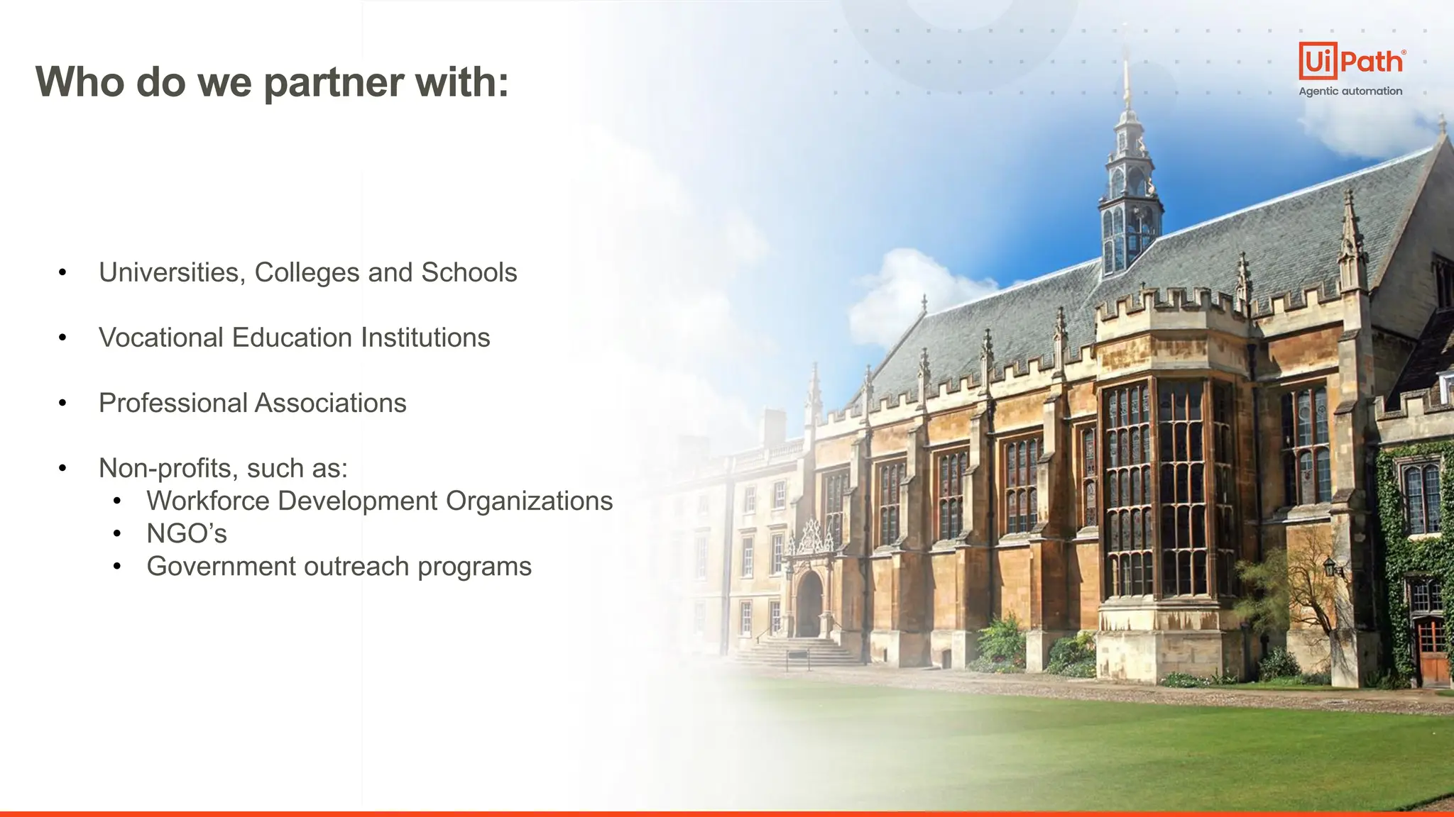 19
Who do we partner with:
• Universities, Colleges and Schools
• Vocational Education Institutions
• Professional Associations
• Non-profits, such as:
• Workforce Development Organizations
• NGO’s
• Government outreach programs
 