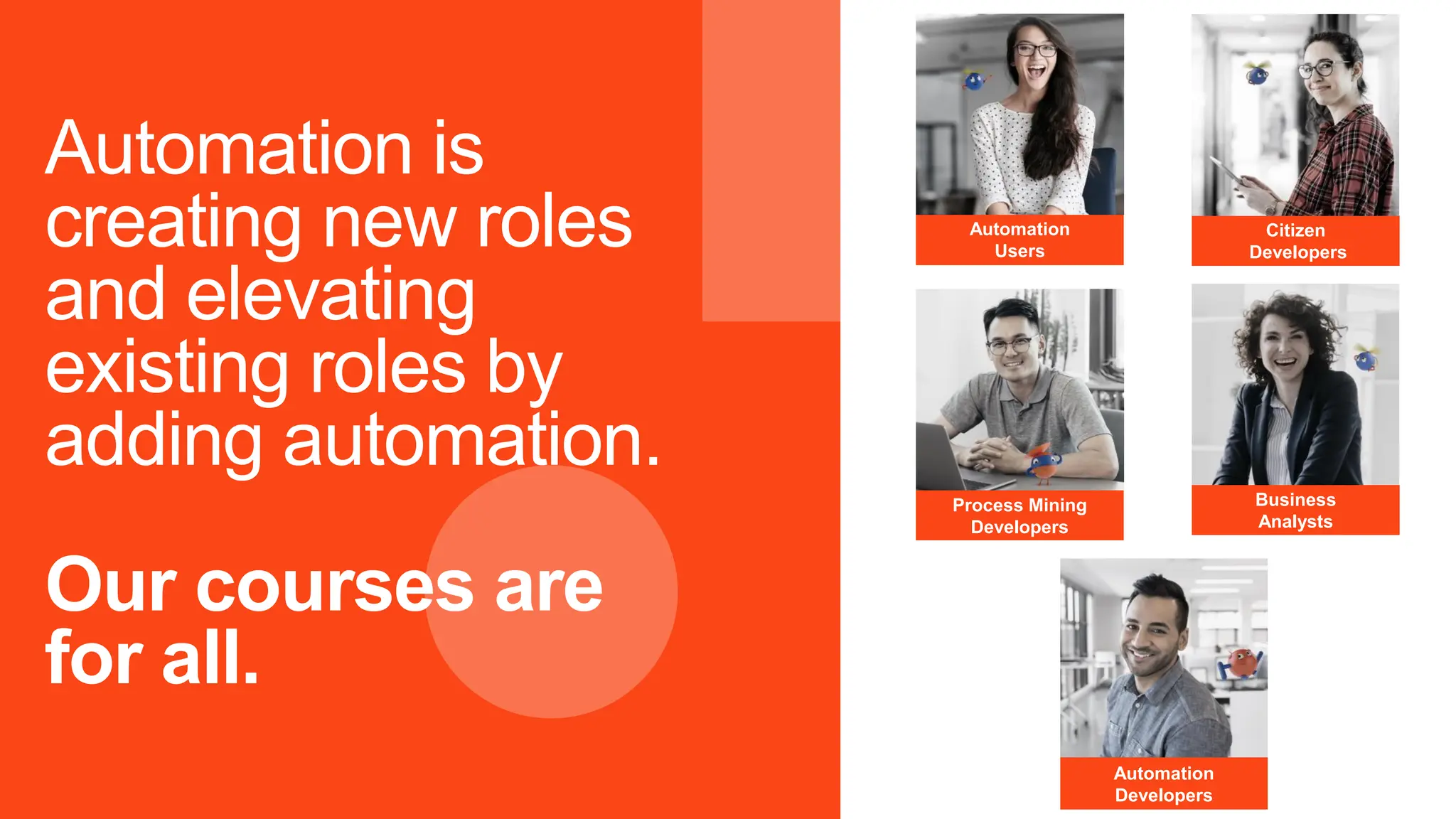 Automation is
creating new roles
and elevating
existing roles by
adding automation.
Our courses are
for all.
Business
Analysts
Automation
Developers
Process Mining
Developers
Automation
Users
Citizen
Developers
 