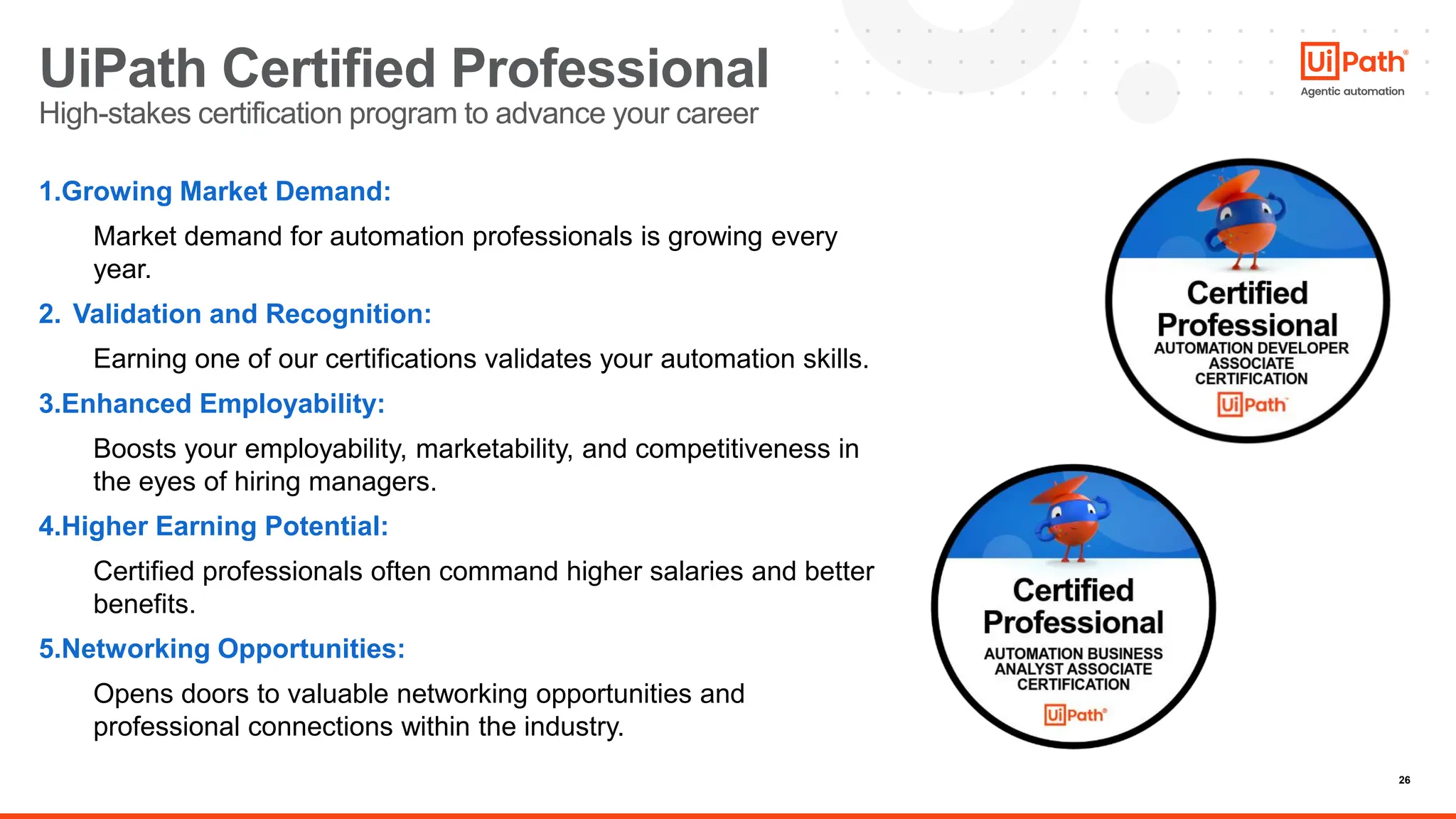 26
1.Growing Market Demand:
Market demand for automation professionals is growing every
year.
2. Validation and Recognition:
Earning one of our certifications validates your automation skills.
3.Enhanced Employability:
Boosts your employability, marketability, and competitiveness in
the eyes of hiring managers.
4.Higher Earning Potential:
Certified professionals often command higher salaries and better
benefits.
5.Networking Opportunities:
Opens doors to valuable networking opportunities and
professional connections within the industry.
UiPath Certified Professional
High-stakes certification program to advance your career
 