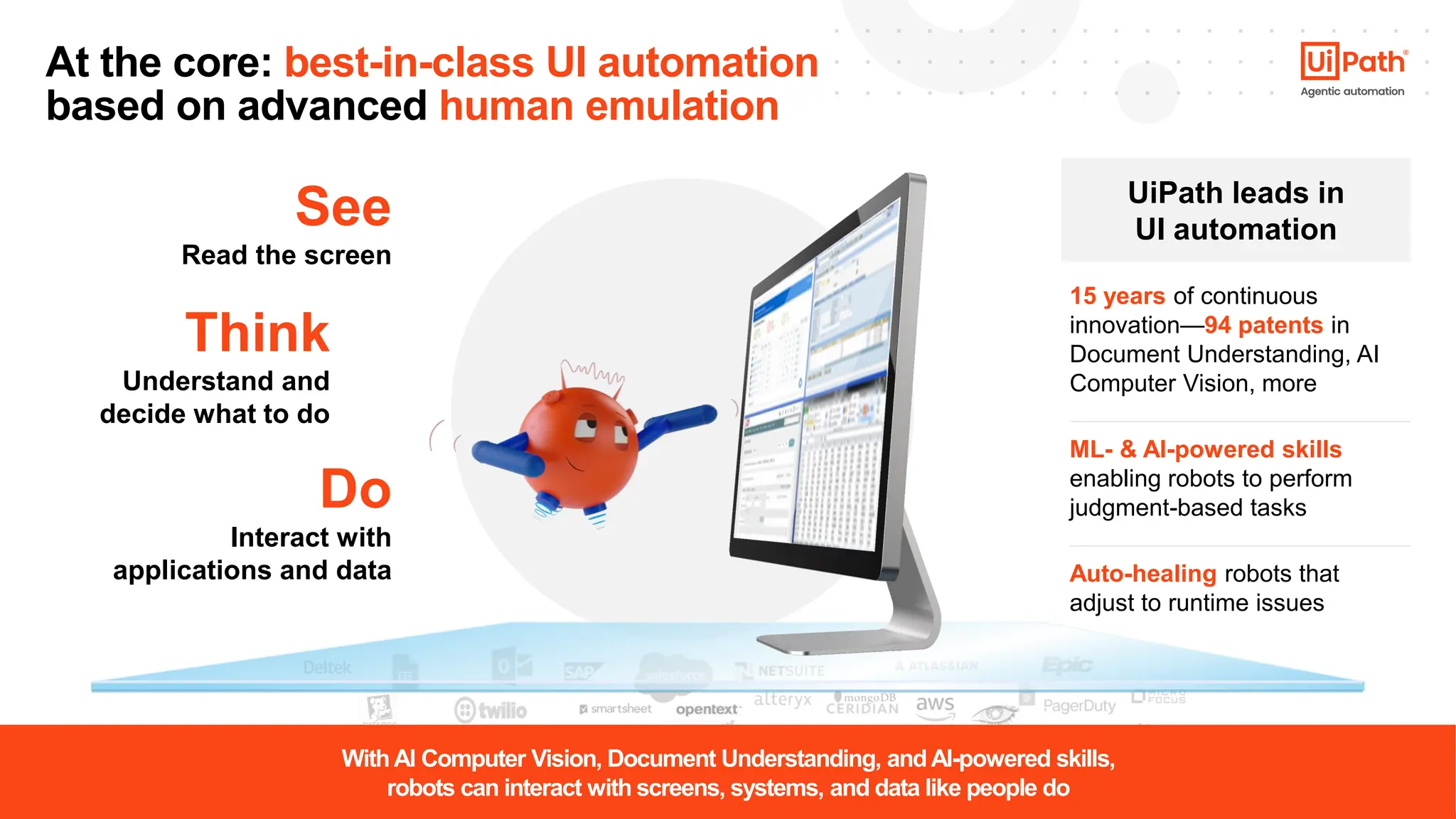 9
At the core: best-in-class UI automation
based on advanced human emulation
See
Read the screen
Think
Understand and
decide what to do
Do
Interact with
applications and data
WithAI Computer Vision, Document Understanding, andAI-powered skills,
robots can interact with screens, systems, and data like people do
15 years of continuous
innovation—94 patents in
Document Understanding, AI
Computer Vision, more
UiPath leads in
UI automation
ML- & AI-powered skills
enabling robots to perform
judgment-based tasks
Auto-healing robots that
adjust to runtime issues
 