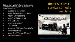 The BEAR GRYLLS
survivalist media
machine
Books, ‘survivalist’ clothing, extreme
sports equipment, and numerous TV
series including:
• Escape to the Legion
• Born Survivor/Man vs. Wild
• Worst Case Scenario
• Bear's Wild Weekend
• Get Out Alive
• Escape From Hell
• The Island
• Running Wild with Bear Grylls
• Mission Survive
• Bear Grylls' Survival School
• Survivor Games
http://www.beargrylls.com/worst-case-scenario/
 