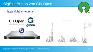 Digitale Gesellschaft Winterkongress 2021 - Matthias Stürmer 18
BigBlueButton von CH Open
●
https://bbb.ch-open.ch
 