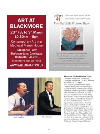 been destined some time for demo-
lition to make way for a car park;
perhaps there was wry satisfaction
in seeing it end its days in a blaze of
glory, and it did indeed contribute
some extra publicity towards the
Society’s 100th full-length produc-
tion, “Teahouse of the August Moon,”
which took place in the autumn.
  Miss Ewing and the Taunton Arts
Centre Association made efforts to
induce the Town Council to adapt an
existing building as a little theatre.
But it was no good; the old Town
Mill by the riverside was demolished,
and that disused eighteenth century
chapel, full of character, was regarded
as a structural menace. Then, in the
black-out of frustration some un-
seen benevolent electrician switched                             Daisy Pulls it off in the Gambia, 2009
on a couple of spots; the Council
announced its decision to build a         years enters one or two short plays.
splendid civic theatre, and we found a    Over recentyears, the Thespians have
big old Georgian House, condemned         deliberately attempted more outreach                      Lend Me A Tenor
for housing, but just what we wanted,     activities including semi-improvised               The Thespians latest production
and could afford.                         murder mysteries, cabarets and mini
  However, it took ten more years of      tours.                                         This night in September of 1934 is the biggest
                                                                                         in the history of the Cleveland Grand Opera
lobbing and fundraising before the          In 1997 Arthur Miller’s The Cru-
                                                                                         Company world famous tenor Tito Morelli is
Thespians celebrated the opening of       cible was the first in-house produc-           to perform Otello, his greatest role, at the gala
the Brewhouse Theatre. Many Thes-         tion at The Place at Wilfred Road. In          season opener. Saunders, the harried General
pians volunteered as helpers at the       2001the society initiated a two week           Manager, hopes this will put Cleveland on the
new theatre. In the 1990s the Thes-       open air touring production in mid             cultural map. Morelli is nowhere to be found;
pians moved out of the Canon Street       June. Twelfth Night was popular suc-           when he finally arrives drunk, it is too late for
premises into a former fruit ware-        cess and has been followed by other            any rehearsal. Through a hilarious series of
house at the far end of Wilfred Road.     Shakespeare                                    mishaps, ‘Il Stupendo’ is given a double dose
                                          comedies, and then a romp through              of tranquilizers which mix with the booze he
  Since then, the Thespians have aver-
                                                                                         has consumed and he passes out. His pulse is
aged three of four main theatre pro-      restoration and later amusements
                                                                                         so low that Saunders and his assistant Max
ductions a year. The society is a keen    including The Rivals, Tom Jones,               believe he is dead. What to do? Saunders
supporter of the Somerset Fellowship      London Assurance, A Servant of Two             coaxes Max into Morelli’s costume, intending
of Drama One Act Festival and most        Masters and in the wettest summer for          to fool the audience with this fake ‘Il Stupen-
                                          100 years, Terry Pratchett’s Lords and         do’, blackface and all. Nervous amateur Max
                                          Ladies.                                        succeeds admirably, but Morelli revives and
                                            In March 2009. with great sadness,           dresses for his second act. With two Otellos
                                          the Thespians announced that they              now in costume and two women en deshabille,
                                          could no longer afford to hire the             each thinking she is with ‘Il Stupendo’, the
                                                                                            farce spins out of control onstage and off.
                                          Brewhouse Theatre and moved their
                                          spring and autumn productions to the
                                          Tachhi Morris Theatre.                                13-17 November
                                            In November 2009: Thespians were              Lend Me a Tenor by Ken Ludwig
                                          invited to take a show to The Gambia           Tacchi Morris Theatre  Arts Centre
                                          as part of that country’s first ever arts      School Road Taunton TA2 8PD 01823
                                          festival. The chosen play was Daisy                         41 41 41
                                          Pulls It Off and it prove a great suc-               info@tacchi-morris.com
    Costumes arranged in date order
                                          cess.




                                                          41
 