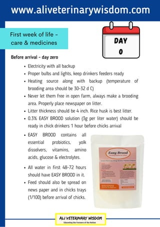 Electricity with all backup
Proper bulbs and lights, keep drinkers feeders ready
Heating source along with backup (temperature of
brooding area should be 30-32 d C)
Never let them free in open farm, always make a brooding
area. Properly place newspaper on litter.
Litter thickness should be 4 inch. Rice husk is best litter.
0.3% EASY BROOD solution (3g per liter water) should be
ready in chick drinkers 1 hour before chicks arrival
www.aliveterinarywisdom.com
Before arrival - day zero
First week of life -
care & medicines Day
0
EASY BROOD contains all
essential probiotics, yolk
dissolvers, vitamins, amino
acids, glucose & electrolytes.
All water in first 48-72 hours
should have EASY BROOD in it.
Feed should also be spread on
news paper and in chicks trays
(1/100) before arrival of chicks.
 