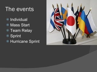 The events  Individual Mass Start Team Relay Sprint Hurricane Sprint 