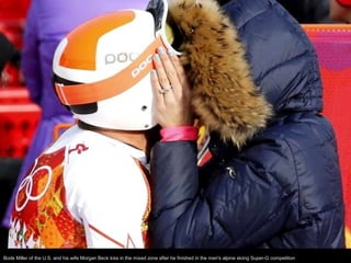 Bode Miller of the U.S. and his wife Morgan Beck kiss in the mixed zone after he finished in the men's alpine skiing Super...