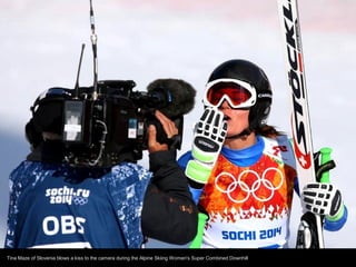 Tina Maze of Slovenia blows a kiss to the camera during the Alpine Skiing Women's Super Combined Downhill

 