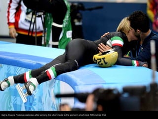 Italy’s Arianna Fontana celebrates after winning the silver medal in the women’s short-track 500-metres final

 