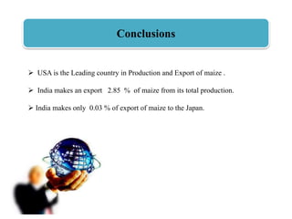 Conclusions
 USA is the Leading country in Production and Export of maize .
 India makes an export 2.85 % of maize from its total production.
 India makes only 0.03 % of export of maize to the Japan.
 