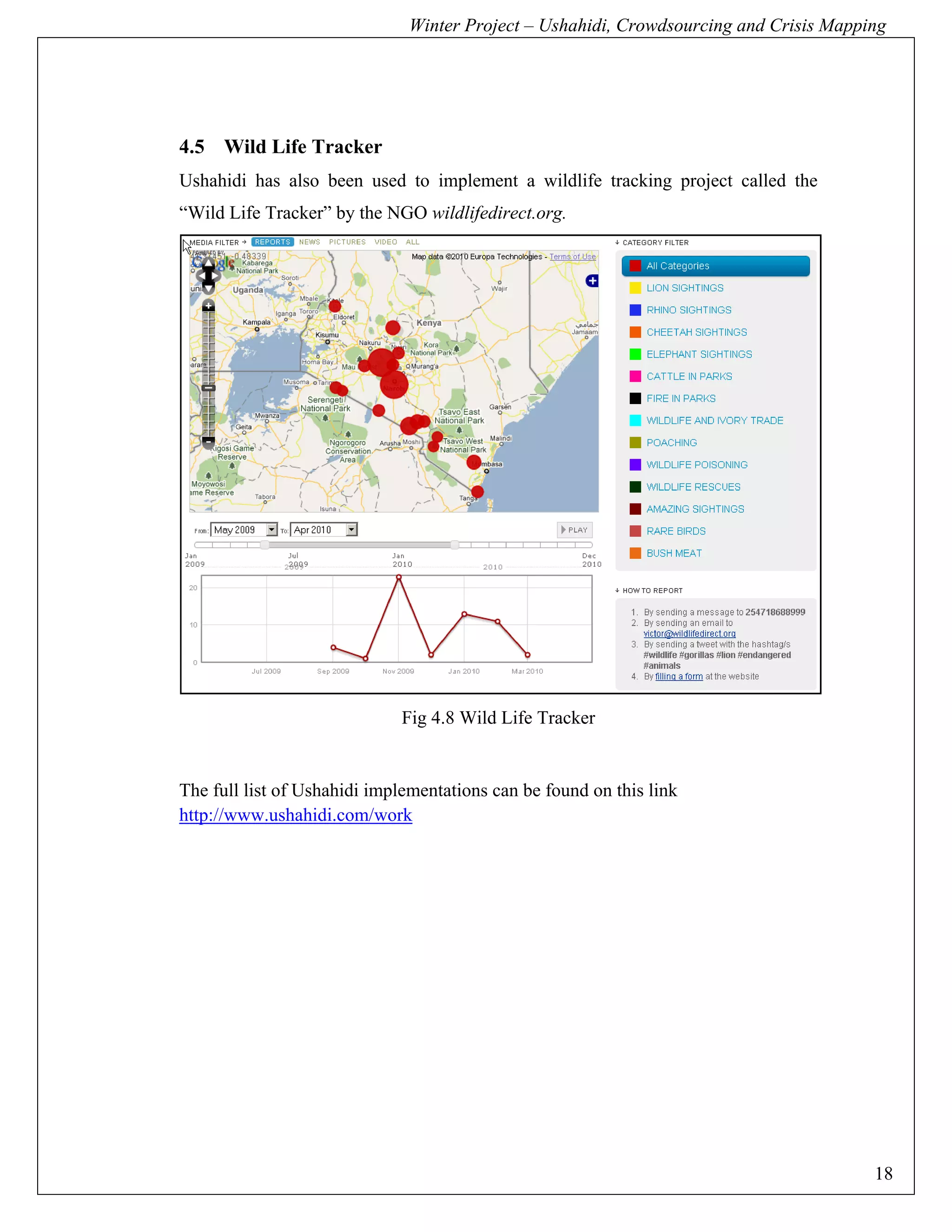Winter Project – Ushahidi, Crowdsourcing and Crisis Mapping




4.5 Wild Life Tracker
Ushahidi has also been used to implement a wildlife tracking project called the
“Wild Life Tracker” by the NGO wildlifedirect.org.




                             Fig 4.8 Wild Life Tracker


The full list of Ushahidi implementations can be found on this link
http://www.ushahidi.com/work




                                                                                       18
 