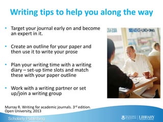 Scholarly Publishing
Writing tips to help you along the way
• Target your journal early on and become
an expert in it.
• C...