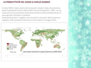 LA PRODUTTIVITÀ DEL SUOLO A LIVELLO GLOBALE
L’indice NDVI è stato usato come proxy per valutare stato ed evoluzione
della Produttività Primaria Neta (Net Primary Productvity - NPP). Le sue
variazioni sono considerate proxy della dinamica della produttività per le
aree agricole, forestali e a praterie.
Andament positvi e negatvi sono associat a variazioni della copertura
vegetale, della quanttà di biomassa e del carbonio immagazzinato.
 