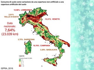 Dato
nazionale:
7,64%
(23.039 km)
12,96% LOMBARDIA
12,21% VENETO
3,38% BASILICATA
2,91%
VALLE D’AOSTA
ISPRA, 2016
10,76% CAMPANIA
3,75% SARDEGNA
Consumo di suolo come variazione da una copertura non artficiale a una
copertura artficiale del suolo
 