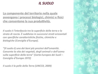 IL SUOLO
La componente del territorio nella quale
avvengono i processi biologici, chimici e fisici
che consentono la sua produtvitn.
Il suolo è l'interfaccia tra la superfcie della terra e lo
strato di roccia. È suddiviso in successivi strat orizzontali
con specifche carateristche fsiche, chimiche e
biologiche (Consiglio d'Europa).
“(Il suolo è) uno dei beni più preziosi dell’umanità.
Consente la vita dei vegetali, degli animali e dell’uomo
sulla superfcie della terra” (Carta Europea dei Suoli –
Consiglio d’Europa 1972)
Il suolo è la pelle della Terra (UNCCD, 2009)
 