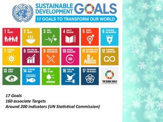17 Goals
160 associate Targets
Around 200 indicators (UN Statstcal Commission)
 