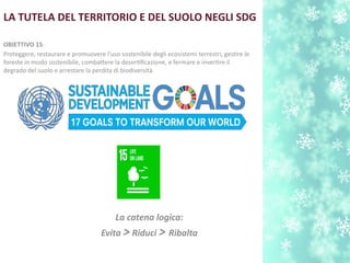 LA TUTELA DEL TERRITORIO E DEL SUOLO NEGLI SDG
OBIETTIVO 15:
Proteggere, restaurare e promuovere l'uso sostenibile degli ecosistemi terrestri, gestre le
foreste in modo sostenibile, combatere la desertfcazione, e fermare e invertre il
degrado del suolo e arrestare la perdita di biodiversità
La catena logica:
Evita > Riduci > Ribalta
 