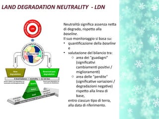 LAND DEGRADATION NEUTRALITY - LDN
Neutralità signifca assenza neta
di degrado, rispeto alla
baseline.
Il suo monitoraggio si basa su:
• quantfcazione della baseline
e
• valutazione del bilancio tra:
o area dei "guadagni"
(signifcatvi
cambiament positvi /
migliorament)
o area delle "perdite"
(signifcatve variazioni /
degradazioni negatve)
rispeto alla linea di
base,
entro ciascun tpo di terra,
alla data di riferimento.
 