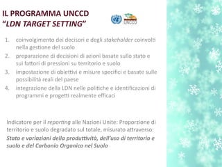 IL PROGRAMMA UNCCD
“LDN TARGET SETTING”
1. coinvolgimento dei decisori e degli stakeholder coinvolt
nella gestone del suolo
2. preparazione di decisioni di azioni basate sullo stato e
sui fatori di pressioni su territorio e suolo
3. impostazione di obiettivi e misure specifci e basate sulle
possibilità reali del paese
4. integrazione della LDN nelle politche e identfcazioni di
programmi e progetti realmente efcaci
Indicatore per il reportng alle Nazioni Unite: Proporzione di
territorio e suolo degradato sul totale, misurato atraverso:
Stato e variazioni della produtvità, dell’uso di territorio e
suolo e del Carbonio Organico nel Suolo
 