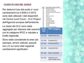 CLASSI DI USO DEL SUOLO
Per dedurre l'uso del suolo e i suoi
cambiamenti tra il 2000 e il 2012
sono stati utilizzati i dati disponibili
nel Corine Land Cover - CLC Project
dell'Agenzia europea dell'ambiente.
Le classi del CLC sono state
aggregate per ottenere dati coerenti
con le categorie IPCC e valutate a
livello regionale.
Sono state considerate le aree (ad
esempio, terreni coltivati, pascoli,
ecc.) In cui sono stati registrati
cambiamenti significativi.
Code
CLC
IPPC category
111-142 Setlements (SL)
211-244 Cropland (CL)
311-313 Forest land (FL)
321-324 Grassland (GL)
331-335 Other Land (OL)
411-522 Wetlands and
water bodies (WL)
 