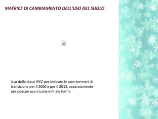 MATRICE DI CAMBIAMENTO DELL'USO DEL SUOLO
Uso delle classi IPCC per indicare le aree terrestri di
transizione per il 2000 e per il 2012, separatamente
per ciascun uso iniziale e fnale (km2
).
 