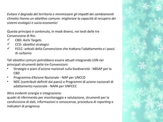 Evitare il degrado del territorio e minimizzare gli impat dei cambiament
climatci hanno un obietvo comune: migliorare la capacità di recupero dei
sistemi ecologici e socio-economici
Questo principio è contenuto, in modi diversi, nei test delle tre
Convenzione di Rio:
 CB;D: Aichi Targets
 CCD: obiettivi strategici
 FCCC: artcoli della Convenzione che tratano l'adatamento e i pozzi
di carbonio
Tali obiettivi comuni potrebbero essere atuat integrando LDN nei
principali strument delle tre Convenzioni:
• Strategie e piani d'azione nazionali sulla biodiversità - NB;SAP per la
CB;D
• Programma d’Azione Nazionale - NAP per UNCCD
• NDC (contribut defnit dai paesi) e Programmi di azione nazionali di
adatamento nazionale - NAPA per UNFCCC
Altre evident sinergie e integrazione:
quadri di riferimento per monitoraggio e valutazione, strument per la
condivisione di dat, informazioni e conoscenze, procedura di reportng e
indicatori di progresso
 
