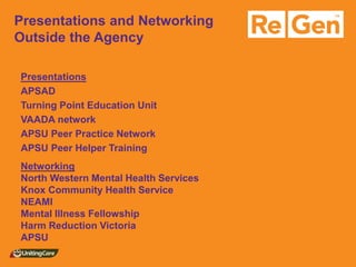 Presentations and Networking Outside the Agency 
Presentations 
APSAD 
Turning Point Education Unit 
VAADA network 
APSU Peer Practice Network 
APSU Peer Helper Training 
Networking 
North Western Mental Health Services 
Knox Community Health Service 
NEAMI 
Mental Illness Fellowship 
Harm Reduction Victoria 
APSU 
 