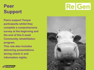 Peers support Torque 
participants whilst they 
complete a comprehensive 
survey at the beginning and 
the end of this 6 week 
Community rehabilitation 
program. 
This role also includes 
delivering presentations 
during check in and 
information nights. 
Peer Support  