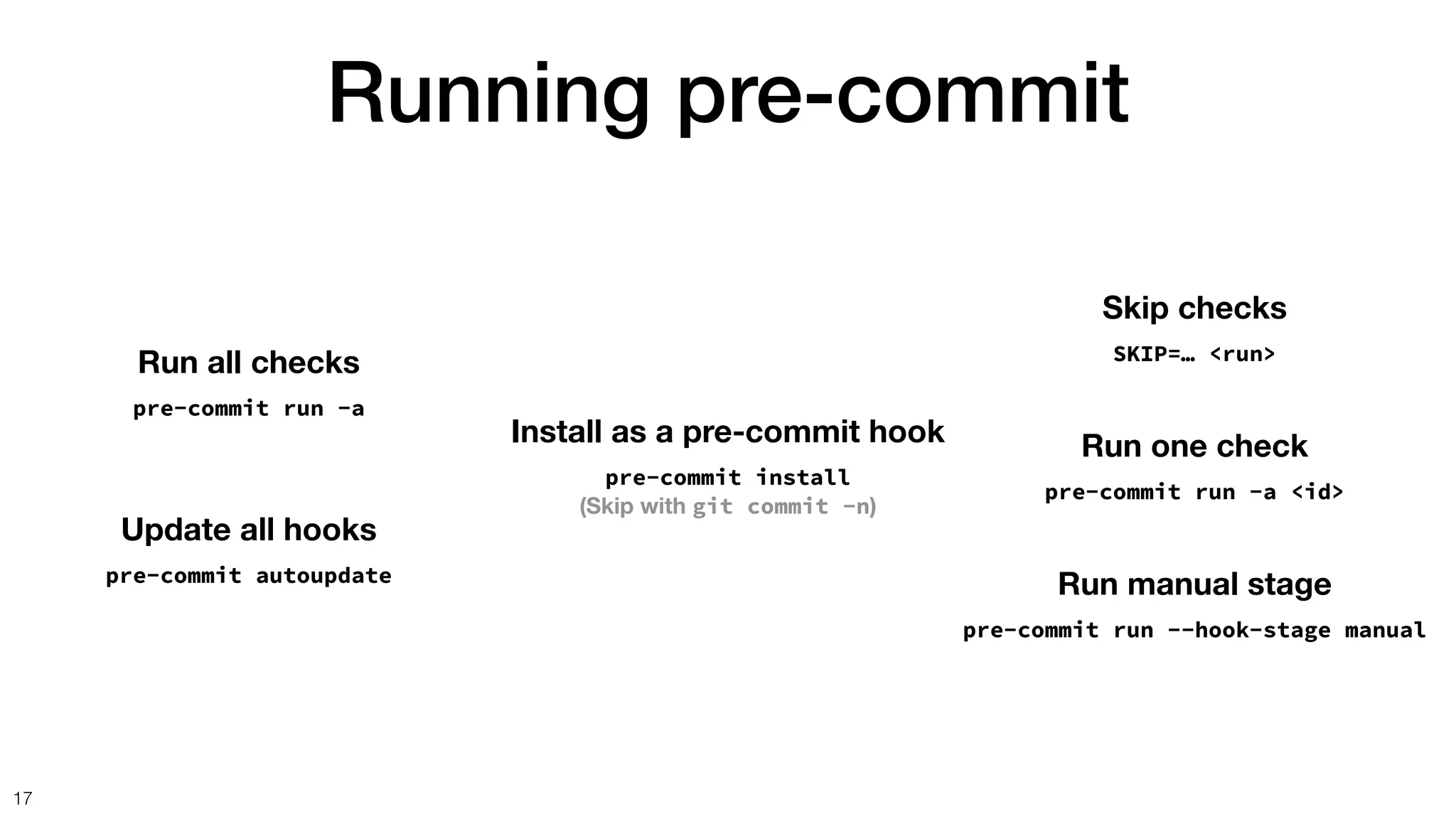 Running pre-commit
17
Run all checks
pre-commit run -a
Update all hooks
pre-commit autoupdate
Install as a pre-commit hook
pre-commit install
(Skip with git commit -n)
Skip checks
SKIP=… <run>
Run one check
pre-commit run -a <id>
Run manual stage
pre-commit run --hook-stage manual
 