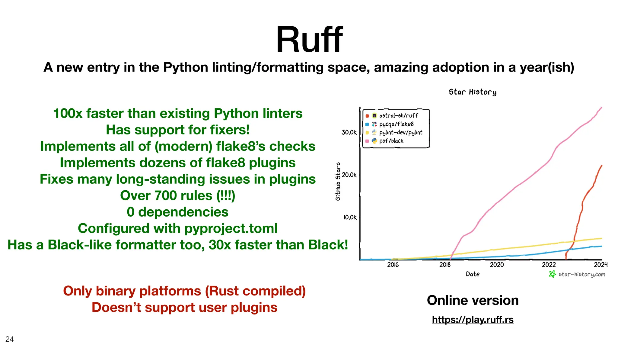 Ruff
24
A new entry in the Python linting/formatting space, amazing adoption in a year(ish)
100x faster than existing Python linters
Has support for
fi
xers!
Implements all of (modern)
fl
ake8’s checks
Implements dozens of
fl
ake8 plugins
Fixes many long-standing issues in plugins
Over 700 rules (!!!)
0 dependencies
Con
fi
gured with pyproject.toml
Has a Black-like formatter too, 30x faster than Black!
Only binary platforms (Rust compiled)
Doesn’t support user plugins
Online version
https://play.ru
ff
.rs
 