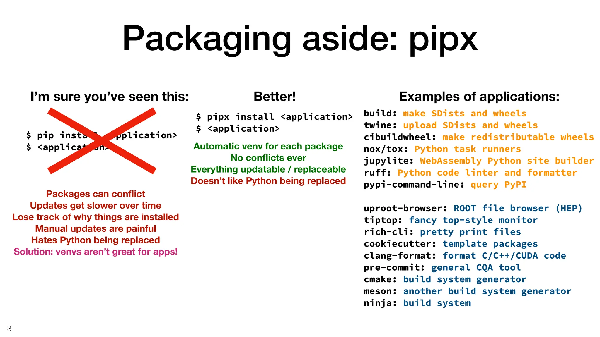 Packaging aside: pipx
3
$ pip install <application>
$ <application>
I’m sure you’ve seen this: Examples of applications:
build: make SDists and wheels
twine: upload SDists and wheels
cibuildwheel: make redistributable wheels
nox/tox: Python task runners
jupylite: WebAssembly Python site builder
ruff: Python code linter and formatter
pypi-command-line: query PyPI
uproot-browser: ROOT file browser (HEP)
tiptop: fancy top-style monitor
rich-cli: pretty print files
cookiecutter: template packages
clang-format: format C/C++/CUDA code
pre-commit: general CQA tool
cmake: build system generator
meson: another build system generator
ninja: build system
Packages can con
fl
ict
Updates get slower over time
Lose track of why things are installed
Manual updates are painful
Hates Python being replaced
Solution: venvs aren’t great for apps!
$ pipx install <application>
$ <application>
Better!
Automatic venv for each package
No con
fl
icts ever
Everything updatable / replaceable
Doesn’t like Python being replaced
 