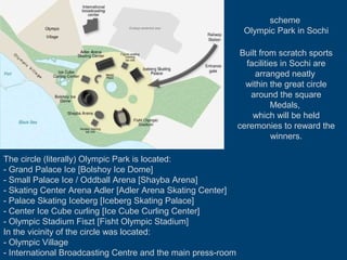 scheme
Olympic Park in Sochi
Built from scratch sports
facilities in Sochi are
arranged neatly
within the great circle
around the square
Medals,
which will be held
ceremonies to reward the
winners.
The circle (literally) Olympic Park is located:
- Grand Palace Ice [Bolshoy Ice Dome]
- Small Palace Ice / Oddball Arena [Shayba Arena]
- Skating Center Arena Adler [Adler Arena Skating Center]
- Palace Skating Iceberg [Iceberg Skating Palace]
- Center Ice Cube curling [Ice Cube Curling Center]
- Olympic Stadium Fiszt [Fisht Olympic Stadium]
In the vicinity of the circle was located:
- Olympic Village
- International Broadcasting Centre and the main press-room

 