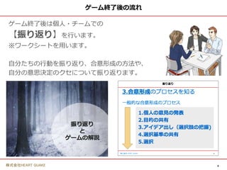 8
株式会社HEART QUAKE
ゲーム終了後の流れ
ゲーム終了後は個人・チームでの
【振り返り】を行います。
※ワークシートを用います。
自分たちの行動を振り返り、合意形成の方法や、
自分の意思決定のクセについて振り返ります。
 