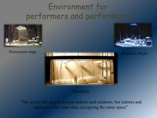 Environment for
performers and performance

Proscenium stage

Realistic Style

Modern
“The set for this play is not just indoors and outdoors, but indoors and
outdoors at the same time, occupying the same space”

 