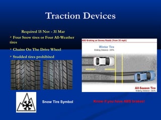 Traction Devices
Required 15 Nov - 31 Mar
 Four Snow tires or Four All-Weather
tires
 Chains On The Drive Wheel
 Studded tires prohibited
Snow Tire Symbol Know if you have ABS brakes!
 