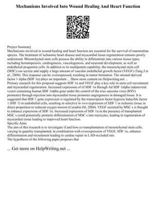 Mechanisms Involved Into Wound Healing And Heart Function
Project Summary
Mechanisms involved in wound healing and heart function are essential for the survival of mammalian
species. The treatment of ischaemic heart disease and myocardial tissue regeneration remains poorly
understood. Mesenchymal stem cells possess the ability to differentiate into various tissue types,
including hematopoiesis, cardiogenesis, vasculogenesis, and neuronal development, as well as
endothelial progenitor cells. In addition to its multipotent capability, the mesenchymal stem cell
(MSC) can secrete and supply a large amount of vascular endothelial growth factor (VEGF) (Tang J et
al., 2009). This response can be overexpressed, resulting in tumor formation. The stromal derived
factor 1 alpha (SDF 1α) plays an important ... Show more content on Helpwriting.net ...
Primary research for this proposal suggests SDF 1α and VEGF play a key role in stem cell recruitment
and myocardial regeneration. Increased expression of of SDF 1α through Ad SDF 1alpha (adenoviral
vector containing human SDF 1alpha gene under the control of the rous sarcoma virus (RSV)
promoter) through injection into myocardial tissue promotes angiogenesis in damaged tissue. It is
suggested that SDF 1 gene expression is regulated by the transcription factor hypoxia inducible factor
1 (HIF 1) in endothelial cells, resulting in selective in vivo expression of SDF 1 in ischemic tissue in
direct proportion to reduced oxygen tension (Ceradini DJ, 2004). VEGF secreted by MSC s is thought
to enhance expression of SDF 1α. Increased expression of SDF 1α in the presence of transplanted
MSC s could potentially promote differentiation of MSC s into myocytes, leading to regeneration of
myocardial tissue leading to improved heart function.
Specific Aims
The aim of this research is to investigate if and how co transplantation of mesenchymal stem cells,
varying in quantity transplanted, in combination with overexpression of VEGF, SDF 1α, enhance
differentiation and recruitment leading to cardiac repair in LAD occluded rats.
The hypothesis of the following paper proposes that
... Get more on HelpWriting.net ...
 