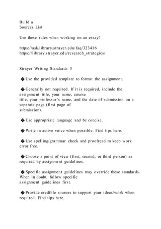 Build a
Sources List
Use these rules when working on an essay!
https://ask.library.strayer.edu/faq/323416
https://library.strayer.edu/research_strategies/
Strayer Writing Standards 3
� Use the provided template to format the assignment.
� Generally not required. If it is required, include the
assignment title, your name, course
title, your professor’s name, and the date of submission on a
separate page (first page of
submission).
� Use appropriate language and be concise.
� Write in active voice when possible. Find tips here.
� Use spelling/grammar check and proofread to keep work
error free.
� Choose a point of view (first, second, or third person) as
required by assignment guidelines.
� Specific assignment guidelines may override these standards.
When in doubt, follow specific
assignment guidelines first.
� Provide credible sources to support your ideas/work when
required. Find tips here.
 