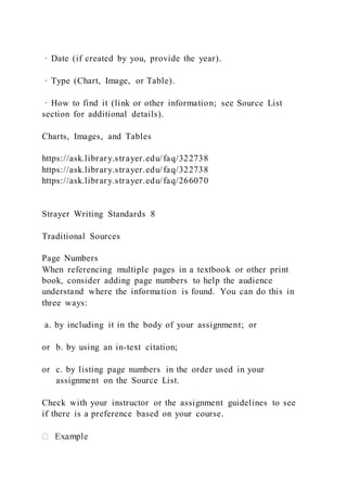 · Date (if created by you, provide the year).
· Type (Chart, Image, or Table).
· How to find it (link or other information; see Source List
section for additional details).
Charts, Images, and Tables
https://ask.library.strayer.edu/faq/322738
https://ask.library.strayer.edu/faq/322738
https://ask.library.strayer.edu/faq/266070
Strayer Writing Standards 8
Traditional Sources
Page Numbers
When referencing multiple pages in a textbook or other print
book, consider adding page numbers to help the audience
understand where the information is found. You can do this in
three ways:
a. by including it in the body of your assignment; or
or b. by using an in-text citation;
or c. by listing page numbers in the order used in your
assignment on the Source List.
Check with your instructor or the assignment guidelines to see
if there is a preference based on your course.
 