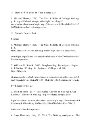 1. Michael Harvey. 2013. The Nuts & Bolts of College Writing.
p. 1. http://libdatab.strayer.edu/login?url=http://
search.ebscohost.com/login.aspx?direct=true&db=nlebk&AN=5
90706&site=eds-live&scope=site
Sources
1. Michael Harvey. 2013. The Nuts & Bolts of College Writing.
p. 1.
http://libdatab.strayer.edu/login?url=http://search.ebscohost.
com/login.aspx?direct=true&db=nlebk&AN=590706&site=eds-
live&scope=site
2. William R. Stanek. 2010. Storyboarding Techniques chapter
in Effective Writing for Business, College and Life.
http://libdatab.
strayer.edu/login?url=http://search.ebscohost.com/login.aspx?di
rect=true&db=nlebk&AN=359141&site=eds-live&scope=site&e
bv=EB&ppid=pp_23
3. Zyad Hicham. 2017. Vocabulary Growth in College-Level
Students’ Narrative Writing. http://libdatab.strayer.edu/
login?url=http://search.ebscohost.com/login.aspx?direct=true&d
b=edsdoj&AN=edsdoj.9b7fad40e529462bafe3a936aaf81420
&site=eds-live&scope=site
4. Anya Kamenetz. July 10, 2015. The Writing Assignment That
 