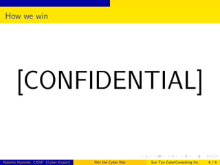 How we win

[CONFIDENTIAL]

Roberto Hammer, CISSP (Cyber Expert)

Win the Cyber War

Sun Tzu CyberConsulting Inc.

4/6

 