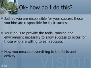 Ok- how do I do this?
   Just as you are responsible for your success those
    you hire are responsible for their succes...