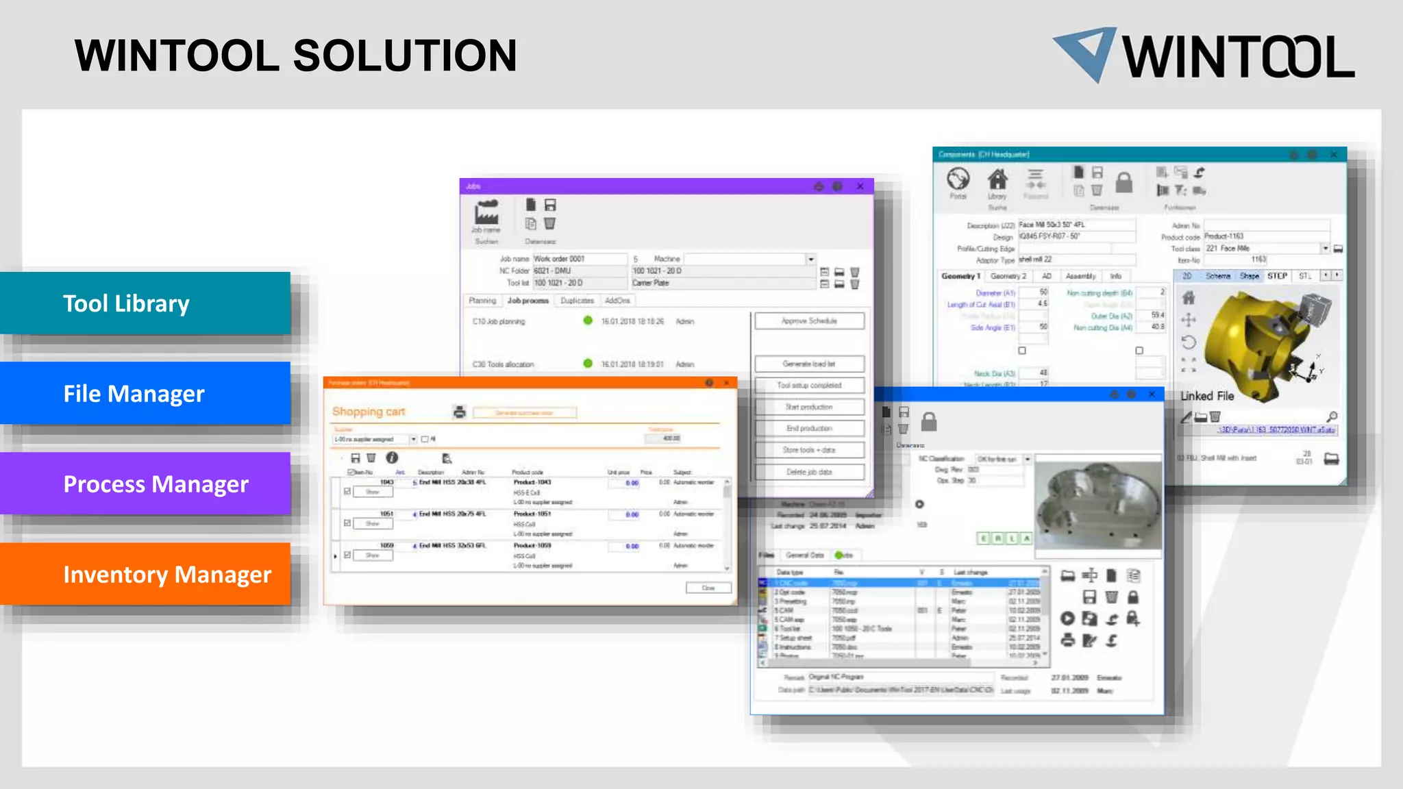 WINTOOL SOLUTION
Tool Library
File Manager
Process Manager
Inventory Manager
 