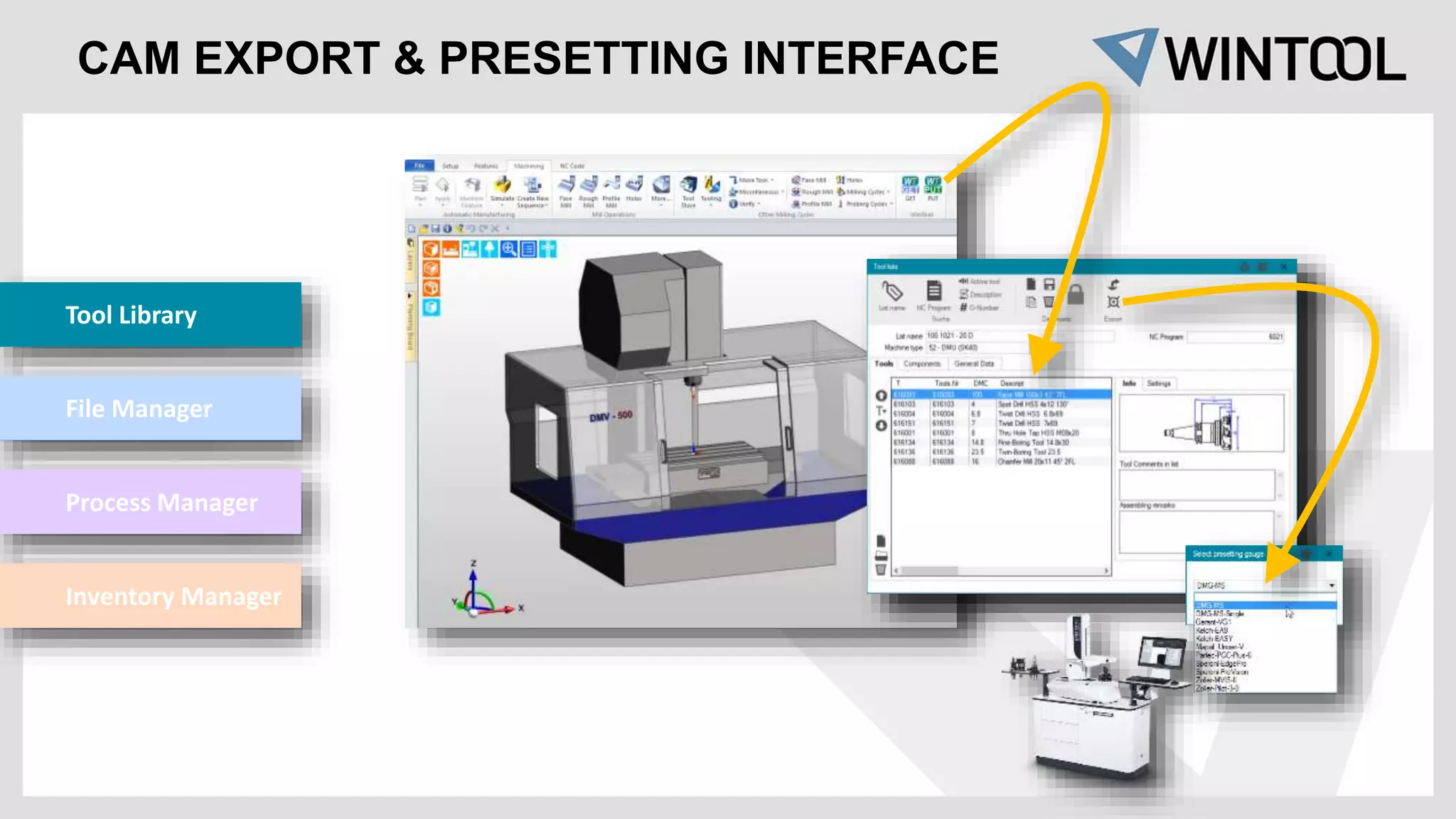 CAM EXPORT & PRESETTING INTERFACE
Tool Library
File Manager
Process Manager
Inventory Manager
 
