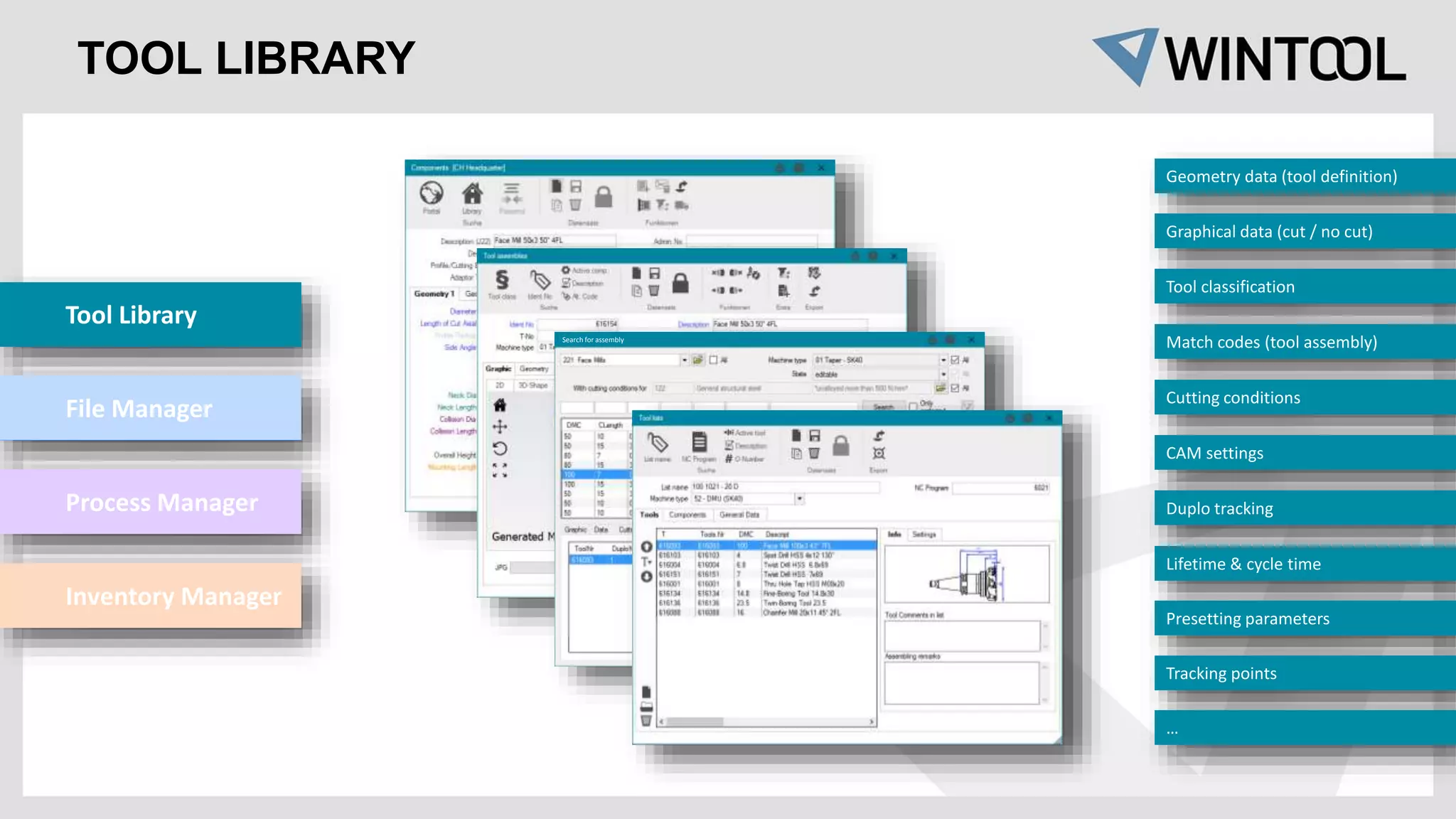 Search for assembly
TOOL LIBRARY
Geometry data (tool definition)
Graphical data (cut / no cut)
Tool classification
Match codes (tool assembly)
Cutting conditions
CAM settings
Duplo tracking
Lifetime & cycle time
Presetting parameters
Tracking points
…
Tool Library
File Manager
Process Manager
Inventory Manager
 