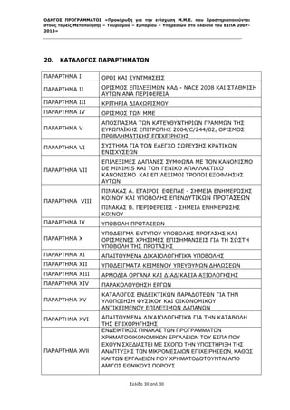 ΟΔΗΓΟΣ ΠΡΟΓΡΑΜΜΑΤΟΣ «Προκήρυξη για την ενίσχυση Μ.Μ.Ε. που δραστηριοποιούνται
στους τομείς Μεταποίησης – Τουρισμού – Εμπορίου – Υπηρεσιών στο πλαίσιο του ΕΣΠΑ 2007-
2013»



 

20.   ΚΑΤΑΛΟΓΟΣ ΠΑΡΑΡΤΗΜΑΤΩΝ


ΠΑΡΑΡΤΗΜΑ Ι             ΟΡΟΙ ΚΑΙ ΣΥΝΤΜΗΣΕΙΣ

ΠΑΡΑΡΤΗΜΑ ΙΙ            ΟΡΙΣΜΟΣ ΕΠΙΛΕΞΙΜΩΝ ΚΑΔ - NACE 2008 ΚΑΙ ΣΤΑΘΜΙΣΗ
                        ΑΥΤΩΝ ΑΝΑ ΠΕΡΙΦΕΡΕΙΑ
ΠΑΡΑΡΤΗΜΑ III           ΚΡΙΤΗΡΙΑ ΔΙΑΧΩΡΙΣΜΟΥ
ΠΑΡΑΡΤΗΜΑ IV            ΟΡΙΣΜΟΣ ΤΩΝ ΜΜΕ
                        ΑΠΟΣΠΑΣΜΑ ΤΩΝ ΚΑΤΕΥΘΥΝΤΗΡΙΩΝ ΓΡΑΜΜΩΝ ΤΗΣ
ΠΑΡΑΡΤΗΜΑ V             ΕΥΡΩΠΑΪΚΗΣ ΕΠΙΤΡΟΠΗΣ 2004/C/244/02, ΟΡΙΣΜΟΣ
                        ΠΡΟΒΛΗΜΑΤΙΚΗΣ ΕΠΙΧΕΙΡΗΣΗΣ

ΠΑΡΑΡΤΗΜΑ VΙ            ΣΥΣΤΗΜΑ ΓΙΑ ΤΟΝ ΕΛΕΓΧΟ ΣΩΡΕΥΣΗΣ ΚΡΑΤΙΚΩΝ
                        ΕΝΙΣΧΥΣΕΩΝ
                        ΕΠΙΛΕΞΙΜΕΣ ΔΑΠΑΝΕΣ ΣΥΜΦΩΝΑ ΜΕ ΤΟΝ ΚΑΝΟΝΙΣΜΟ
ΠΑΡΑΡΤΗΜΑ VΙI           DE MINIMIS ΚΑΙ ΤΟΝ ΓΕΝΙΚΟ ΑΠΑΛΛΑΚΤΙΚΟ
                        ΚΑΝΟΝΙΣΜΟ  ΚΑΙ ΕΠΙΛΕΞΙΜΟΙ ΤΡΟΠΟΙ ΕΞΟΦΛΗΣΗΣ
                        ΑΥΤΩΝ
                        ΠΙΝΑΚΑΣ Α. ΕΤΑΙΡΟΙ ΕΦΕΠΑΕ - ΣΗΜΕΙΑ ΕΝΗΜΕΡΩΣΗΣ
                        ΚΟΙΝΟΥ ΚΑΙ ΥΠΟΒΟΛΗΣ ΕΠΕΝΔΥΤΙΚΩΝ ΠΡΟΤΑΣΕΩΝ
ΠΑΡΑΡΤΗΜΑ VIIΙ
                        ΠΙΝΑΚΑΣ Β. ΠΕΡΙΦΕΡΕΙΕΣ - ΣΗΜΕΙΑ ΕΝΗΜΕΡΩΣΗΣ
                        ΚΟΙΝΟΥ
ΠΑΡΑΡΤΗΜΑ ΙΧ            ΥΠΟΒΟΛΗ ΠΡΟΤΑΣΕΩΝ
                        ΥΠΟΔΕΙΓΜΑ ΕΝΤΥΠΟΥ ΥΠΟΒΟΛΗΣ ΠΡΟΤΑΣΗΣ ΚΑΙ
ΠΑΡΑΡΤΗΜΑ X             ΟΡΙΣΜΕΝΕΣ ΧΡΗΣΙΜΕΣ ΕΠΙΣΗΜΑΝΣΕΙΣ ΓΙΑ ΤΗ ΣΩΣΤΗ
                        ΥΠΟΒΟΛΗ ΤΗΣ ΠΡΟΤΑΣΗΣ
ΠΑΡΑΡTHMA XΙ            ΑΠΑΙΤΟΥΜΕΝΑ ΔΙΚΑΙΟΛΟΓΗΤΙΚΑ ΥΠΟΒΟΛΗΣ
ΠΑΡΑΡΤΗΜΑ XIΙ           ΥΠΟΔΕΙΓΜΑΤΑ ΚΕΙΜΕΝΟΥ ΥΠΕΥΘΥΝΩΝ ΔΗΛΩΣΕΩΝ
ΠΑΡΑΡΤΗΜΑ XIΙΙ          ΑΡΜΟΔΙΑ ΟΡΓΑΝΑ ΚΑΙ ΔΙΑΔΙΚΑΣΙΑ ΑΞΙΟΛΟΓΗΣΗΣ
ΠΑΡΑΡΤΗΜΑ XIV           ΠΑΡΑΚΟΛΟΥΘΗΣΗ ΕΡΓΩΝ
                        ΚΑΤΑΛΟΓΟΣ ΕΝΔΕΙΚΤΙΚΩΝ ΠΑΡΑΔΟΤΕΩΝ ΓΙΑ ΤΗΝ
ΠΑΡΑΡΤΗΜΑ XV            ΥΛΟΠΟΙΗΣΗ ΦΥΣΙΚΟΥ ΚΑΙ ΟΙΚΟΝΟΜΙΚΟΥ
                        ΑΝΤΙΚΕΙΜΕΝΟΥ ΕΠΙΛΕΞΙΜΩΝ ΔΑΠΑΝΩΝ

ΠΑΡΑΡΤΗΜΑ XVΙ           ΑΠΑΙΤΟΥΜΕΝΑ ΔΙΚΑΙΟΛΟΓΗΤΙΚΑ ΓΙΑ ΤΗΝ ΚΑΤΑΒΟΛΗ
                        ΤΗΣ ΕΠΙΧΟΡΗΓΗΣΗΣ
                        ΕΝΔΕΙΚΤΙΚΟΣ ΠΙΝΑΚΑΣ ΤΩΝ ΠΡΟΓΡΑΜΜΑΤΩΝ
                        ΧΡΗΜΑΤΟΟΙΚΟΝΟΜΙΚΩΝ ΕΡΓΑΛΕΙΩΝ ΤΟΥ ΕΣΠΑ ΠΟΥ
                        ΕΧΟΥΝ ΣΧΕΔΙΑΣΤΕΙ ΜΕ ΣΚΟΠΟ ΤΗΝ ΥΠΟΣΤΗΡΙΞΗ ΤΗΣ
ΠΑΡΑΡΤΗΜΑ XVII          ΑΝΑΠΤΥΞΗΣ ΤΩΝ ΜΙΚΡΟΜΕΣΑΙΩΝ ΕΠΙΧΕΙΡΗΣΕΩΝ, ΚΑΘΩΣ
                        ΚΑΙ ΤΩΝ ΕΡΓΑΛΕΙΩΝ ΠΟΥ ΧΡΗΜΑΤΟΔΟΤΟΥΝΤΑΙ ΑΠΟ
                        ΑΜΙΓΩΣ ΕΘΝΙΚΟΥΣ ΠΟΡΟΥΣ


                                   Σελίδα 30 από 30
 
 