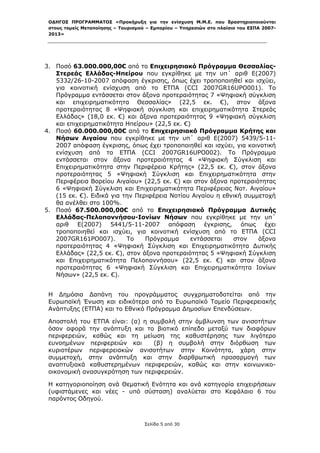ΟΔΗΓΟΣ ΠΡΟΓΡΑΜΜΑΤΟΣ «Προκήρυξη για την ενίσχυση Μ.Μ.Ε. που δραστηριοποιούνται
 στους τομείς Μεταποίησης – Τουρισμού – Εμπορίου – Υπηρεσιών στο πλαίσιο του ΕΣΠΑ 2007-
 2013»



  

3. Ποσό 63.000.000,00€ από το Επιχειρησιακό Πρόγραμμα Θεσσαλίας-
   Στερεάς Ελλάδας-Ηπείρου που εγκρίθηκε με την υπ΄ αριθ Ε(2007)
   5332/26-10-2007 απόφαση έγκρισης, όπως έχει τροποποιηθεί και ισχύει,
   για κοινοτική ενίσχυση από το ΕΤΠΑ (CCI 2007GR16UPO001). Το
   Πρόγραμμα εντάσσεται στον άξονα προτεραιότητας 7 «Ψηφιακή σύγκλιση
   και επιχειρηματικότητα Θεσσαλίας» (22,5 εκ. €), στον άξονα
   προτεραιότητας 8 «Ψηφιακή σύγκλιση και επιχειρηματικότητα Στερεάς
   Ελλάδας» (18,0 εκ. €) και άξονα προτεραιότητας 9 «Ψηφιακή σύγκλιση
   και επιχειρηματικότητα Ηπείρου» (22,5 εκ. €)
4. Ποσό 60.000.000,00€ από το Επιχειρησιακό Πρόγραμμα Κρήτης και
   Νήσων Αιγαίου που εγκρίθηκε με την υπ΄ αριθ Ε(2007) 5439/5-11-
   2007 απόφαση έγκρισης, όπως έχει τροποποιηθεί και ισχύει, για κοινοτική
   ενίσχυση από το ΕΤΠΑ (CCI 2007GR16UPO002). Το Πρόγραμμα
   εντάσσεται στον άξονα προτεραιότητας 4 «Ψηφιακή Σύγκλιση και
   Επιχειρηματικότητα στην Περιφέρεια Κρήτης» (22,5 εκ. €), στον άξονα
   προτεραιότητας 5 «Ψηφιακή Σύγκλιση και Επιχειρηματικότητα στην
   Περιφέρεια Βορείου Αιγαίου» (22,5 εκ. €) και στον άξονα προτεραιότητας
   6 «Ψηφιακή Σύγκλιση και Επιχειρηματικότητα Περιφέρειας Νοτ. Αιγαίου»
   (15 εκ. €). Ειδικά για την Περιφέρεια Νοτίου Αιγαίου η εθνική συμμετοχή
   θα ανέλθει στο 100%.
5. Ποσό 67.500.000,00€ από το Επιχειρησιακό Πρόγραμμα Δυτικής
   Ελλάδας-Πελοποννήσου-Ιονίων Νήσων που εγκρίθηκε με την υπ΄
   αριθ Ε(2007) 5441/5-11-2007 απόφαση έγκρισης, όπως έχει
   τροποποιηθεί και ισχύει, για κοινοτική ενίσχυση από το ΕΤΠΑ (CCI
   2007GR161PO007).        Το    Πρόγραμμα     εντάσσεται    στον    άξονα
   προτεραιότητας 4 «Ψηφιακή Σύγκλιση και Επιχειρηματικότητα Δυτικής
   Ελλάδας» (22,5 εκ. €), στον άξονα προτεραιότητας 5 «Ψηφιακή Σύγκλιση
   και Επιχειρηματικότητα Πελοποννήσου» (22,5 εκ. €) και στον άξονα
   προτεραιότητας 6 «Ψηφιακή Σύγκλιση και Επιχειρηματικότητα Ιονίων
   Νήσων» (22,5 εκ. €).


 Η Δημόσια Δαπάνη του προγράμματος συγχρηματοδοτείται από την
 Ευρωπαϊκή Ένωση και ειδικότερα από το Ευρωπαϊκό Ταμείο Περιφερειακής
 Ανάπτυξης (ΕΤΠΑ) και το Εθνικό Πρόγραμμα Δημοσίων Επενδύσεων.

 Αποστολή του ΕΤΠΑ είναι: (α) η συμβολή στην άμβλυνση των ανισοτήτων
 όσον αφορά την ανάπτυξη και το βιοτικό επίπεδο μεταξύ των διαφόρων
 περιφερειών, καθώς και τη μείωση της καθυστέρησης των λιγότερο
 ευνοημένων περιφερειών και      (β) η συμβολή στην διόρθωση των
 κυριοτέρων περιφερειακών ανισοτήτων στην Κοινότητα, χάρη στην
 συμμετοχή, στην ανάπτυξη και στην διαρθρωτική προσαρμογή των
 αναπτυξιακά καθυστερημένων περιφερειών, καθώς και στην κοινωνικο-
 οικονομική ανασυγκρότηση των περιφερειών.

 Η κατηγοριοποίηση ανά Θεματική Ενότητα και ανά κατηγορία επιχειρήσεων
 (υφιστάμενες και νέες - υπό σύσταση) αναλύεται στο Κεφάλαιο 6 του
 παρόντος Οδηγού.



                                     Σελίδα 5 από 30
  
 